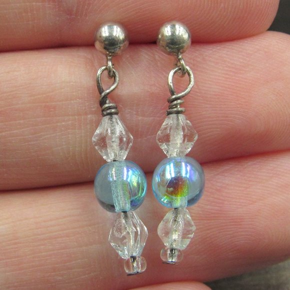 Sterling Clear & Blue Glass Hanging Earrings